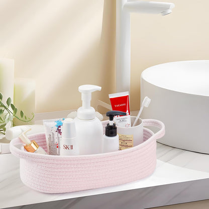 Small Toilet Paper Basket for Back of Toilet Tank Top,Cute behind toilet basket,Woven Toilet Paper Tray Little Organizer for Bathroom Shelf, Bedroom, Living Room12.6"L x 6"W Pink