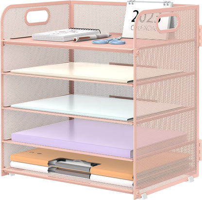 5 Trays Paper Organizer Letter Tray with Handle-Mesh Desk File Holders, Paper Sorter Desk Organizer for Office, Home, Classroom or School, Pink