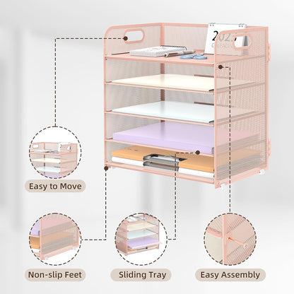 5 Trays Paper Organizer Letter Tray with Handle-Mesh Desk File Holders, Paper Sorter Desk Organizer for Office, Home, Classroom or School, Pink