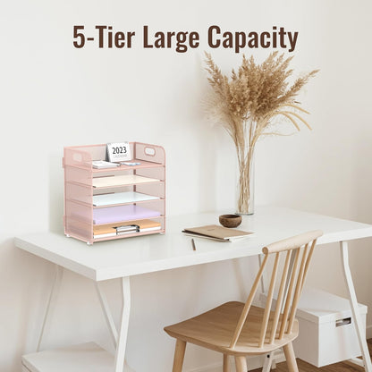 5 Trays Paper Organizer Letter Tray with Handle-Mesh Desk File Holders, Paper Sorter Desk Organizer for Office, Home, Classroom or School, Pink