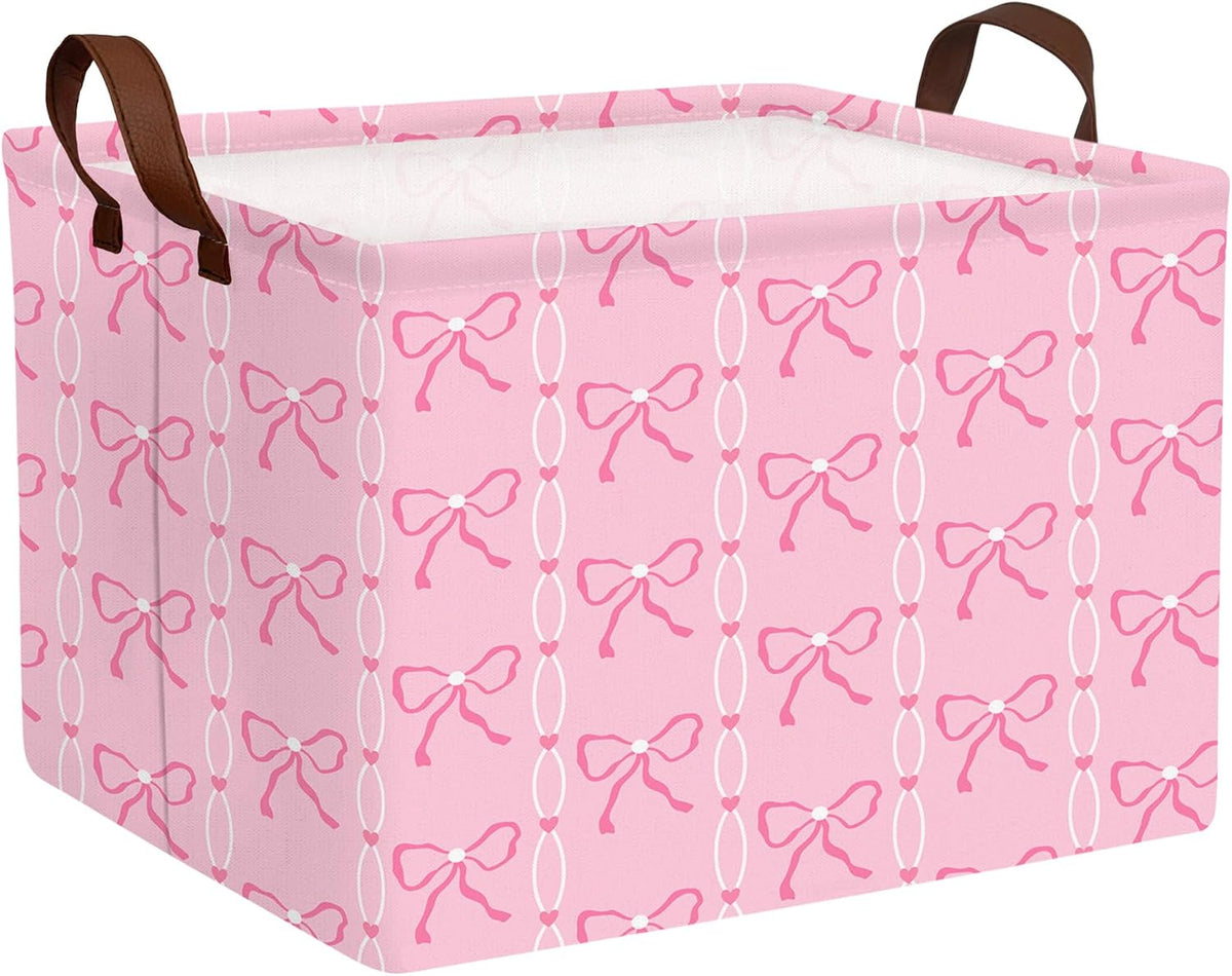 MYFLCOY Cute Baby Girl Bow Basket Kids Gift Storage Bin Large Toy Box with Handles Room Decor (Pink)
