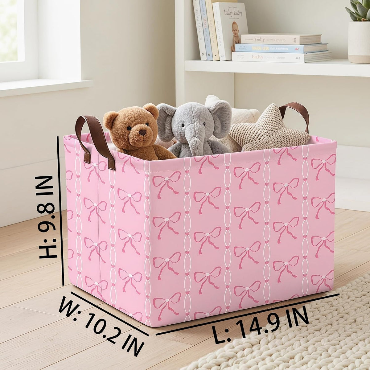 MYFLCOY Cute Baby Girl Bow Basket Kids Gift Storage Bin Large Toy Box with Handles Room Decor (Pink)