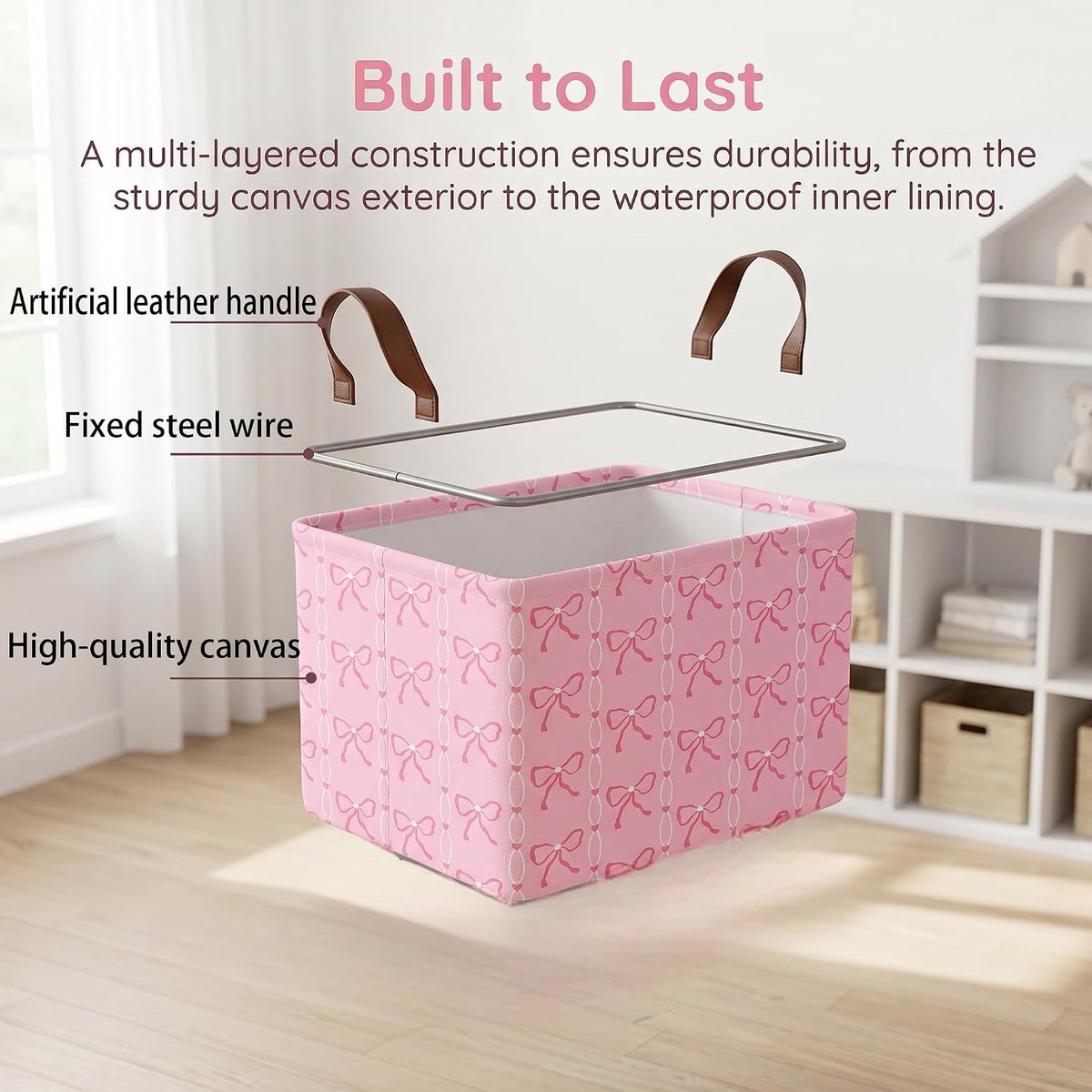 MYFLCOY Cute Baby Girl Bow Basket Kids Gift Storage Bin Large Toy Box with Handles Room Decor (Pink)