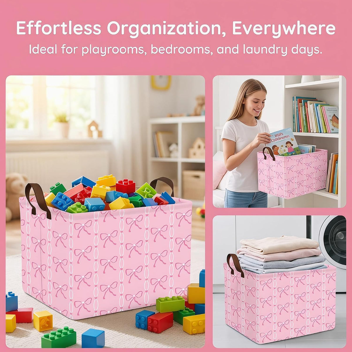 MYFLCOY Cute Baby Girl Bow Basket Kids Gift Storage Bin Large Toy Box with Handles Room Decor (Pink)