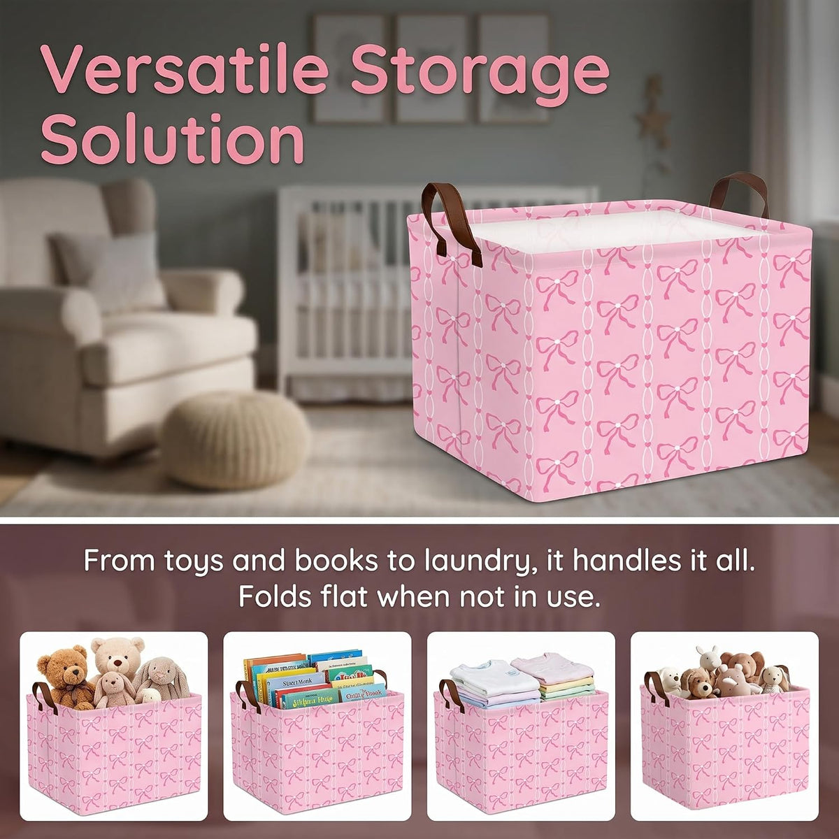 MYFLCOY Cute Baby Girl Bow Basket Kids Gift Storage Bin Large Toy Box with Handles Room Decor (Pink)