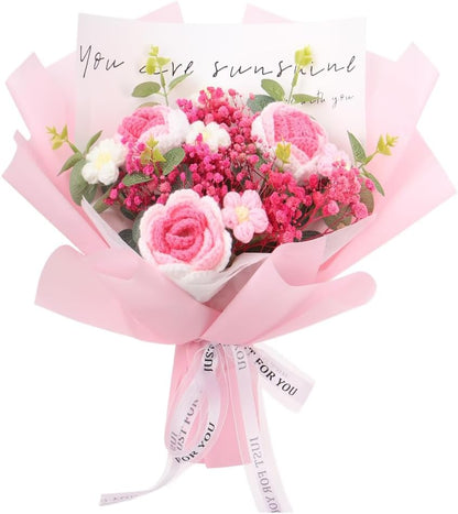 Crochet Flowers Bouquet: Completed Handmade Knitted Rose Dried Natural Gypsophila Baby's Breath Flowers for Home Decor Graduation Birthday (Pink)