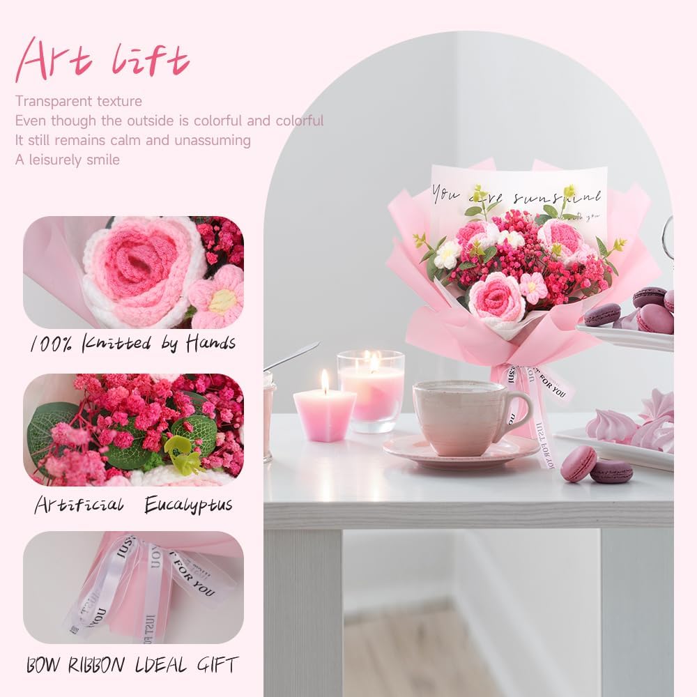 Crochet Flowers Bouquet: Completed Handmade Knitted Rose Dried Natural Gypsophila Baby's Breath Flowers for Home Decor Graduation Birthday (Pink)