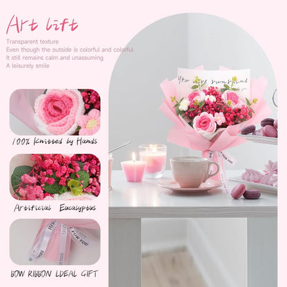 Crochet Flowers Bouquet: Completed Handmade Knitted Rose Dried Natural Gypsophila Baby's Breath Flowers for Home Decor Graduation Birthday (Pink)