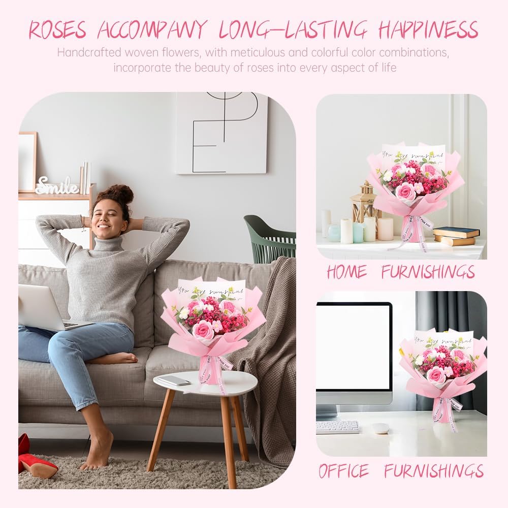 Crochet Flowers Bouquet: Completed Handmade Knitted Rose Dried Natural Gypsophila Baby's Breath Flowers for Home Decor Graduation Birthday (Pink)