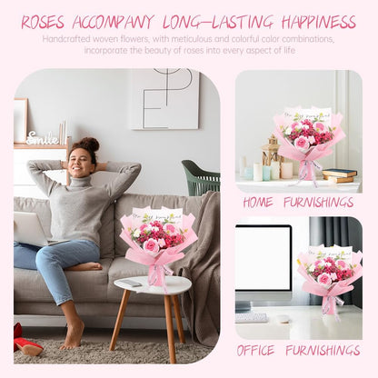 Crochet Flowers Bouquet: Completed Handmade Knitted Rose Dried Natural Gypsophila Baby's Breath Flowers for Home Decor Graduation Birthday (Pink)