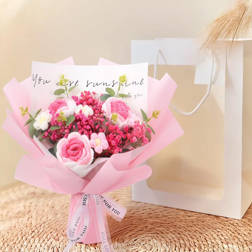 Crochet Flowers Bouquet: Completed Handmade Knitted Rose Dried Natural Gypsophila Baby's Breath Flowers for Home Decor Graduation Birthday (Pink)