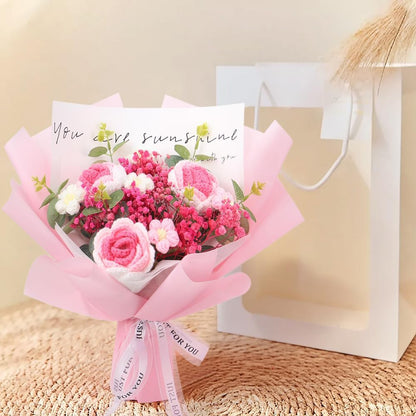 Crochet Flowers Bouquet: Completed Handmade Knitted Rose Dried Natural Gypsophila Baby's Breath Flowers for Home Decor Graduation Birthday (Pink)