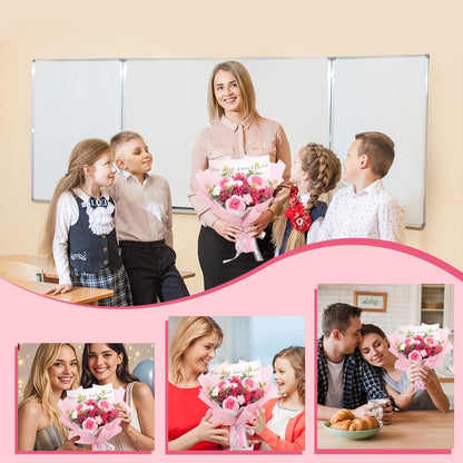 Crochet Flowers Bouquet: Completed Handmade Knitted Rose Dried Natural Gypsophila Baby's Breath Flowers for Home Decor Graduation Birthday (Pink)