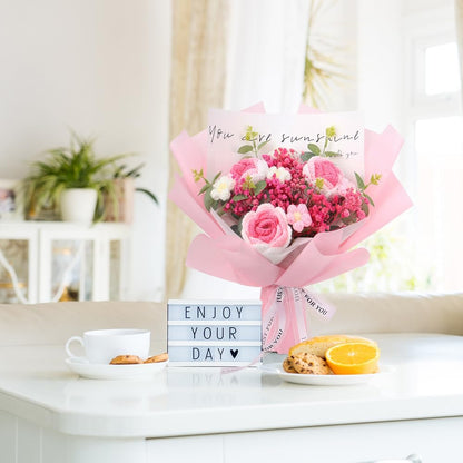 Crochet Flowers Bouquet: Completed Handmade Knitted Rose Dried Natural Gypsophila Baby's Breath Flowers for Home Decor Graduation Birthday (Pink)