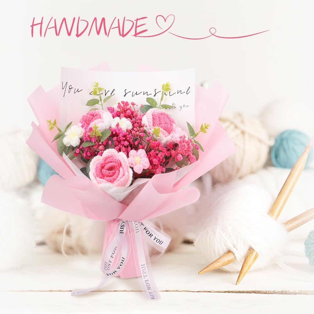 Crochet Flowers Bouquet: Completed Handmade Knitted Rose Dried Natural Gypsophila Baby's Breath Flowers for Home Decor Graduation Birthday (Pink)