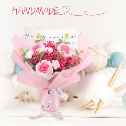 Crochet Flowers Bouquet: Completed Handmade Knitted Rose Dried Natural Gypsophila Baby's Breath Flowers for Home Decor Graduation Birthday (Pink)