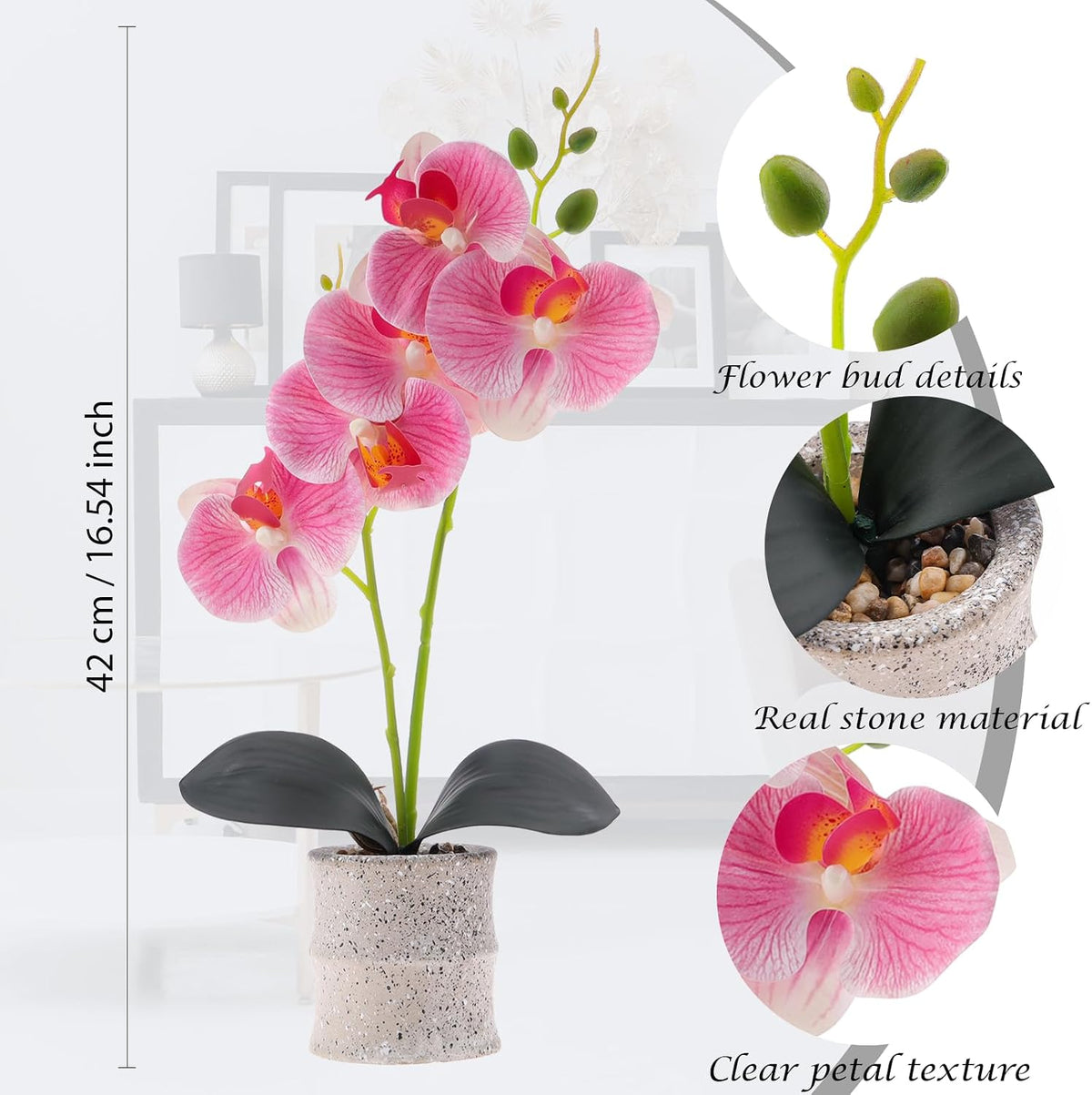 16.5 Inch Pink Artificial Orchid Flowers in Pot, Fake Orchid Plant