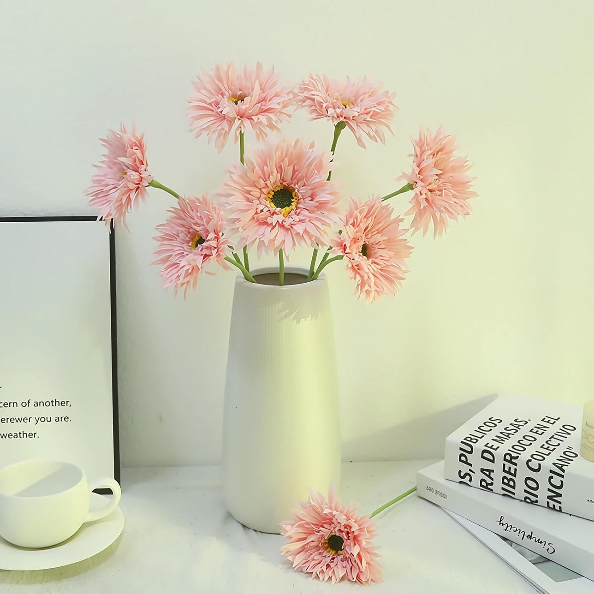 6pcs Artificial Gerbera Daisy Flowers 17" Fake Daisies Faux Silk African Daisy for Vase Bouquets Home Office Wedding Decor.(Pink)