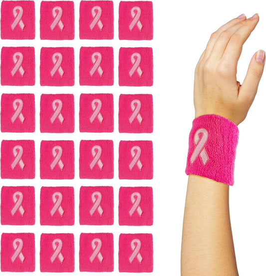 24 Pack Breast Cancer Awareness Wristbands Pink Ribbon Sports Sweatband Men Women Bulk