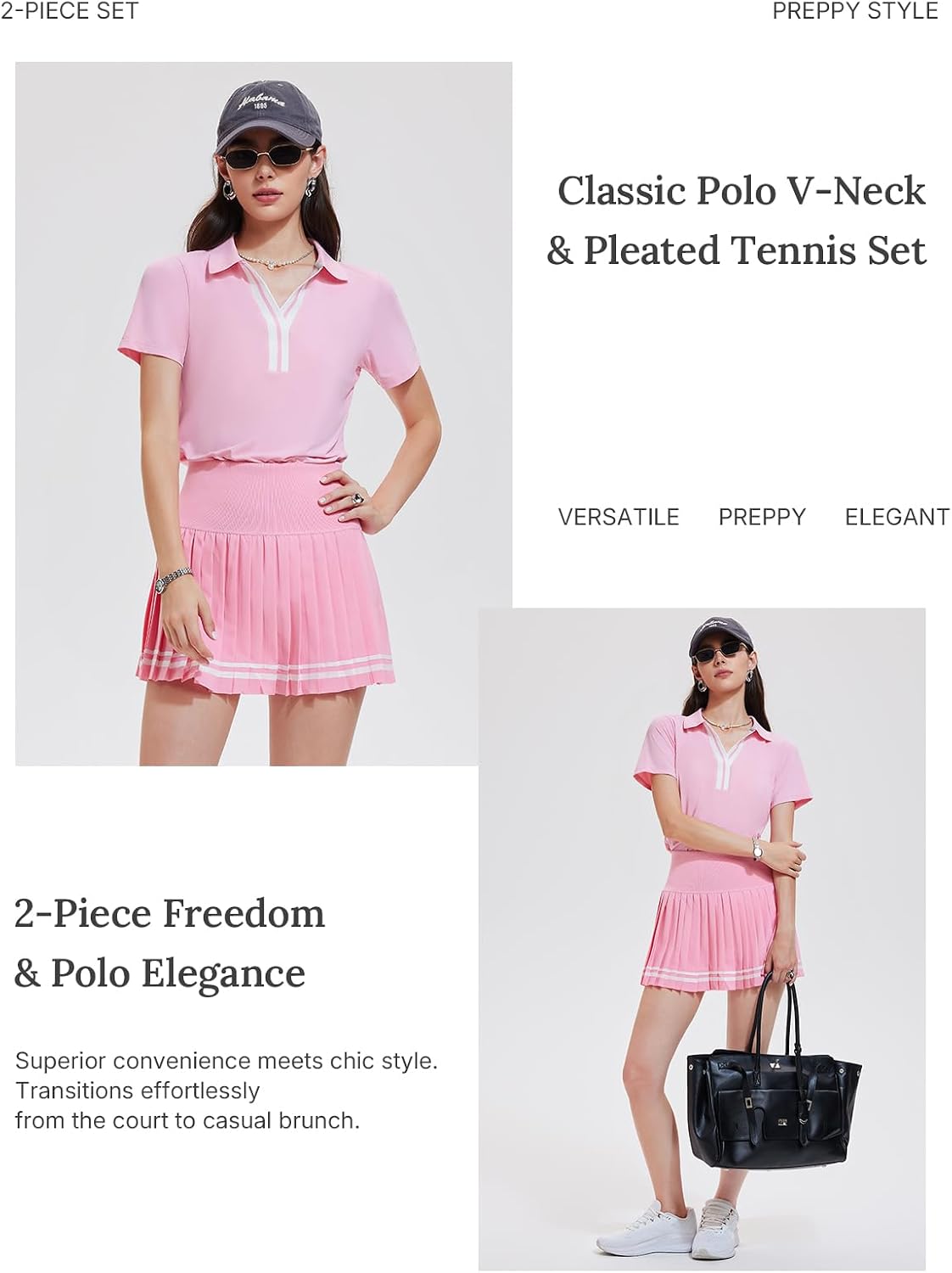 Women 2 Piece Tennis Skirt Set Pleated Golf Outfit, Polo V-Neck Athletic Dress Alternative Skort Set for Pickleball Pockets