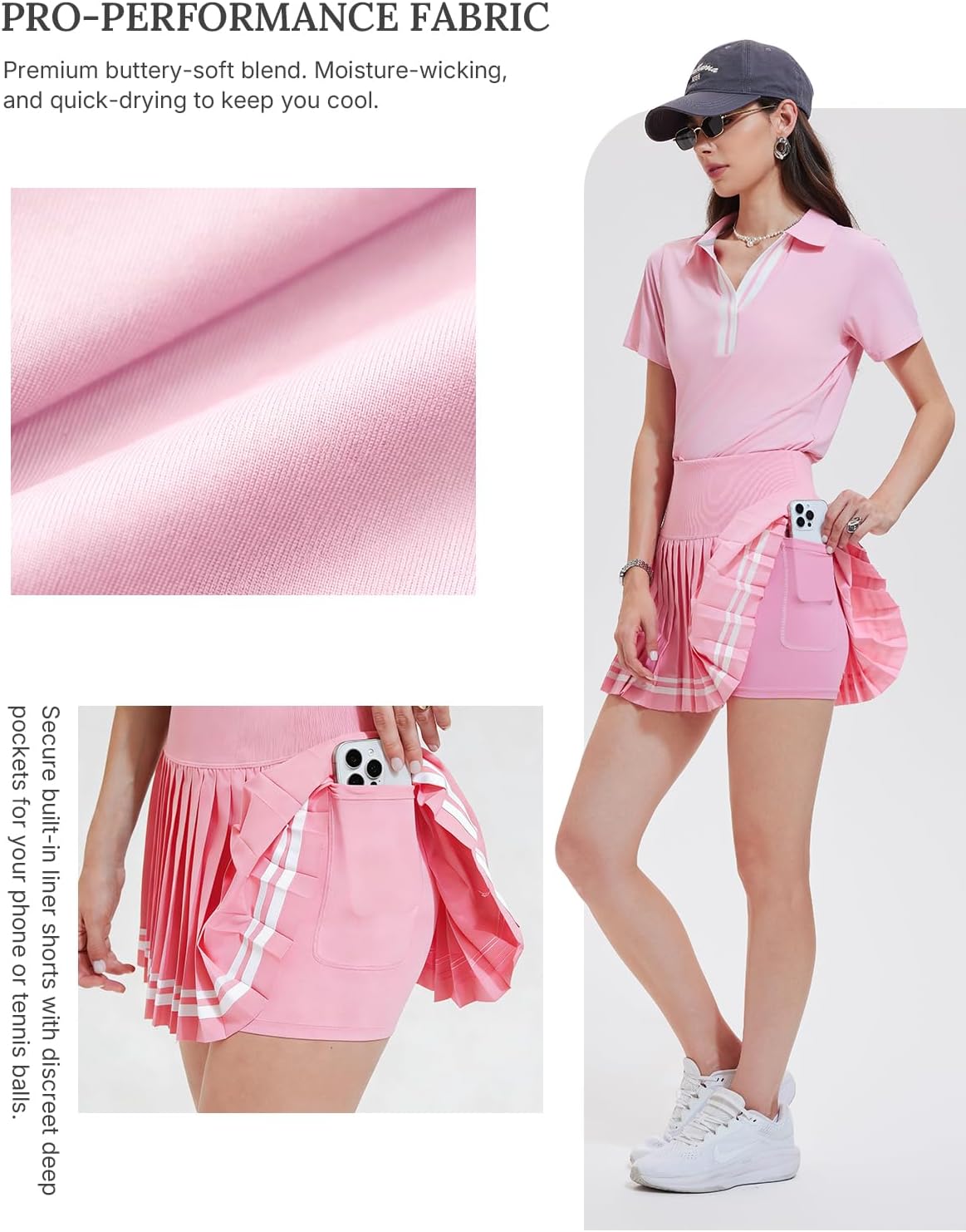 Women 2 Piece Tennis Skirt Set Pleated Golf Outfit, Polo V-Neck Athletic Dress Alternative Skort Set for Pickleball Pockets