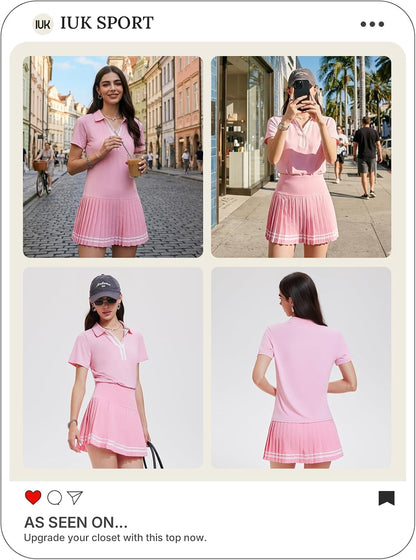 Women 2 Piece Tennis Skirt Set Pleated Golf Outfit, Polo V-Neck Athletic Dress Alternative Skort Set for Pickleball Pockets