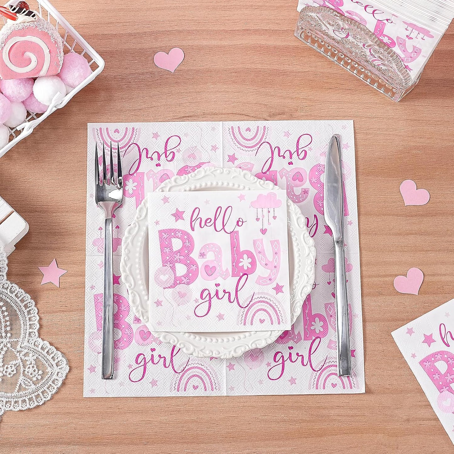 50 Pcs Baby Shower Girl Napkin Paper, 3 Ply Disposable Pink Hello Baby Girl, Rainbow and Stars Deisgn Cocktail Dinner Paper Napkins for First Birthday, Gender Reveal Party, 5 x 5 Inch
