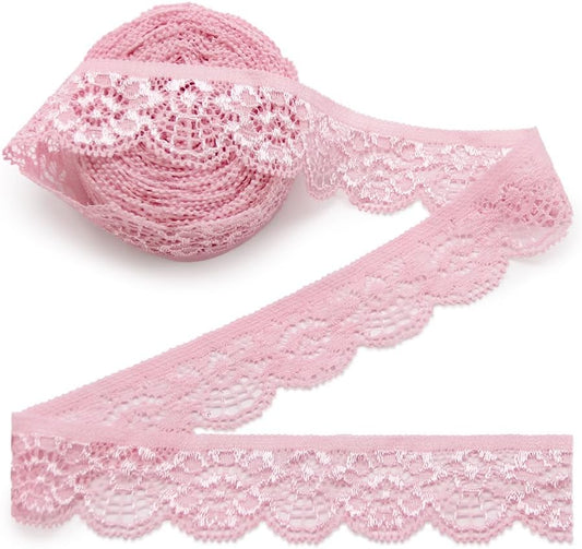 10 Yards 1" Wide Lace Elastic Trim Lace Ribbon Flower Edge Trimming for Sewing Craft Wedding Party Decor Clothes (Pink)