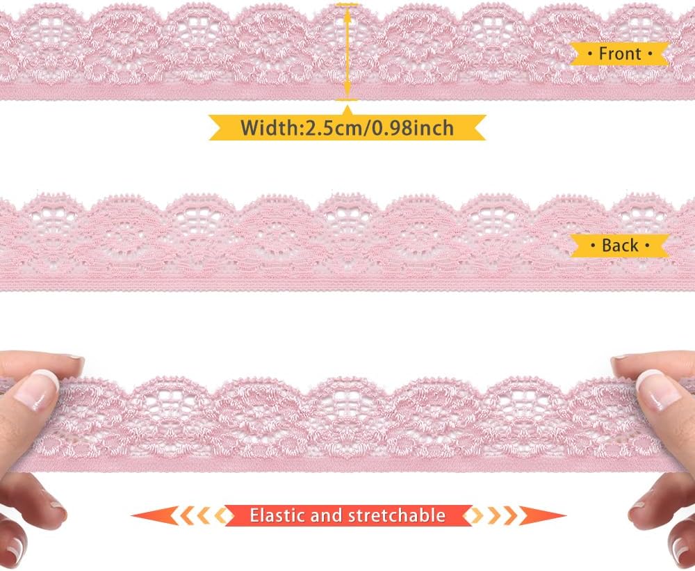 10 Yards 1" Wide Lace Elastic Trim Lace Ribbon Flower Edge Trimming for Sewing Craft Wedding Party Decor Clothes (Pink)