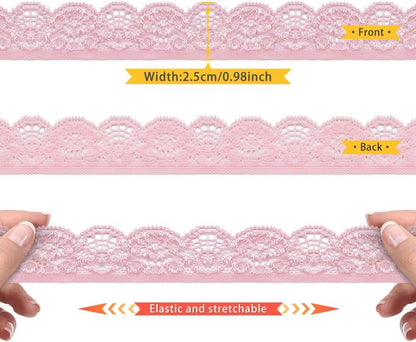 10 Yards 1" Wide Lace Elastic Trim Lace Ribbon Flower Edge Trimming for Sewing Craft Wedding Party Decor Clothes (Pink)