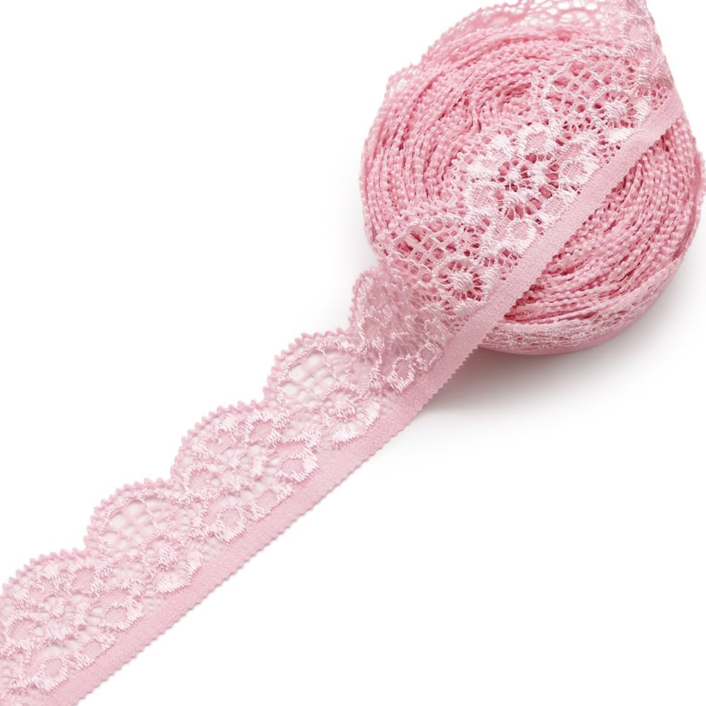 10 Yards 1" Wide Lace Elastic Trim Lace Ribbon Flower Edge Trimming for Sewing Craft Wedding Party Decor Clothes (Pink)