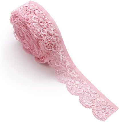 10 Yards 1" Wide Lace Elastic Trim Lace Ribbon Flower Edge Trimming for Sewing Craft Wedding Party Decor Clothes (Pink)