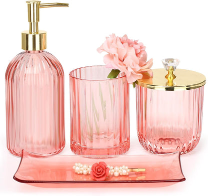 Bathroom Accessories Set, 4 Pcs Pink Glass Bathroom Accessories Sets Complete w/Lotion Soap Dispenser, Toothbrush Holder, Apothecary Jar, Vanity Tray, Bathroom Decor, Gift for Home Apartment