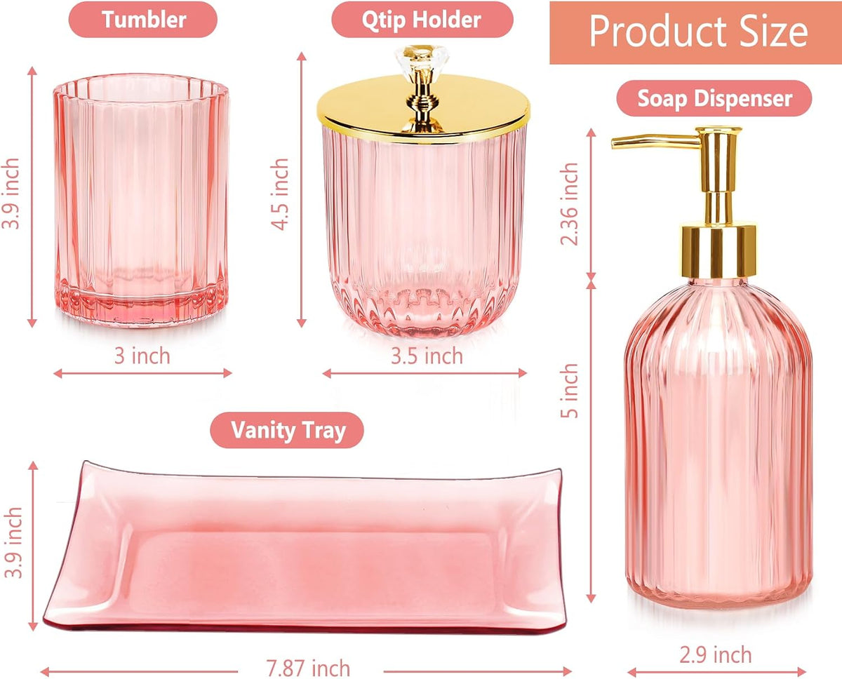 Bathroom Accessories Set, 4 Pcs Pink Glass Bathroom Accessories Sets Complete w/Lotion Soap Dispenser, Toothbrush Holder, Apothecary Jar, Vanity Tray, Bathroom Decor, Gift for Home Apartment