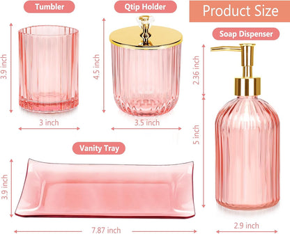 Bathroom Accessories Set, 4 Pcs Pink Glass Bathroom Accessories Sets Complete w/Lotion Soap Dispenser, Toothbrush Holder, Apothecary Jar, Vanity Tray, Bathroom Decor, Gift for Home Apartment
