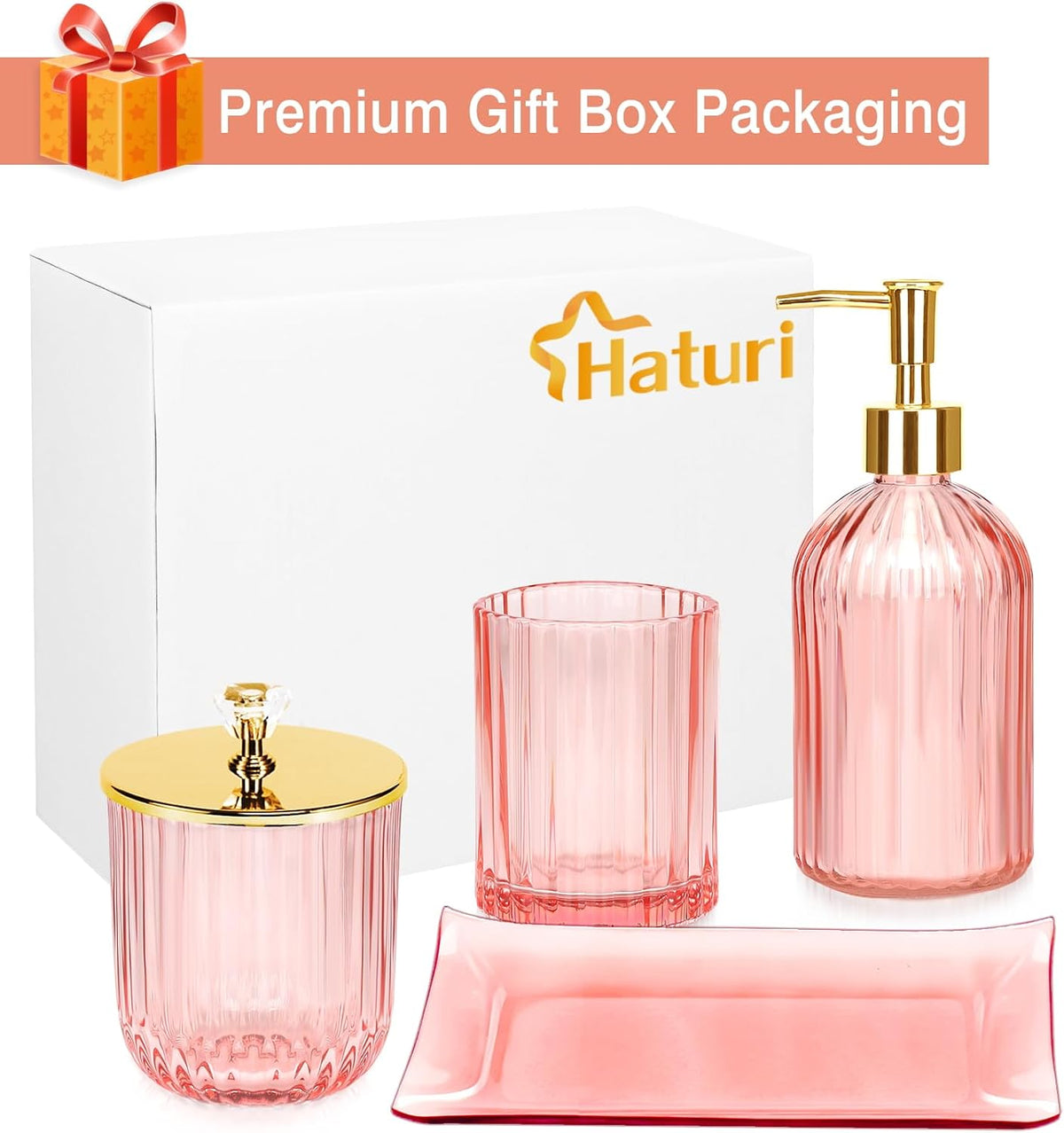 Bathroom Accessories Set, 4 Pcs Pink Glass Bathroom Accessories Sets Complete w/Lotion Soap Dispenser, Toothbrush Holder, Apothecary Jar, Vanity Tray, Bathroom Decor, Gift for Home Apartment