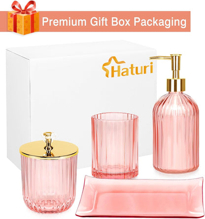 Bathroom Accessories Set, 4 Pcs Pink Glass Bathroom Accessories Sets Complete w/Lotion Soap Dispenser, Toothbrush Holder, Apothecary Jar, Vanity Tray, Bathroom Decor, Gift for Home Apartment