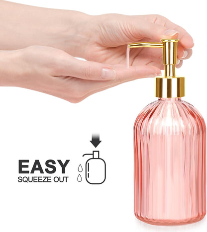 Bathroom Accessories Set, 4 Pcs Pink Glass Bathroom Accessories Sets Complete w/Lotion Soap Dispenser, Toothbrush Holder, Apothecary Jar, Vanity Tray, Bathroom Decor, Gift for Home Apartment
