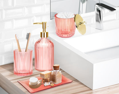Bathroom Accessories Set, 4 Pcs Pink Glass Bathroom Accessories Sets Complete w/Lotion Soap Dispenser, Toothbrush Holder, Apothecary Jar, Vanity Tray, Bathroom Decor, Gift for Home Apartment