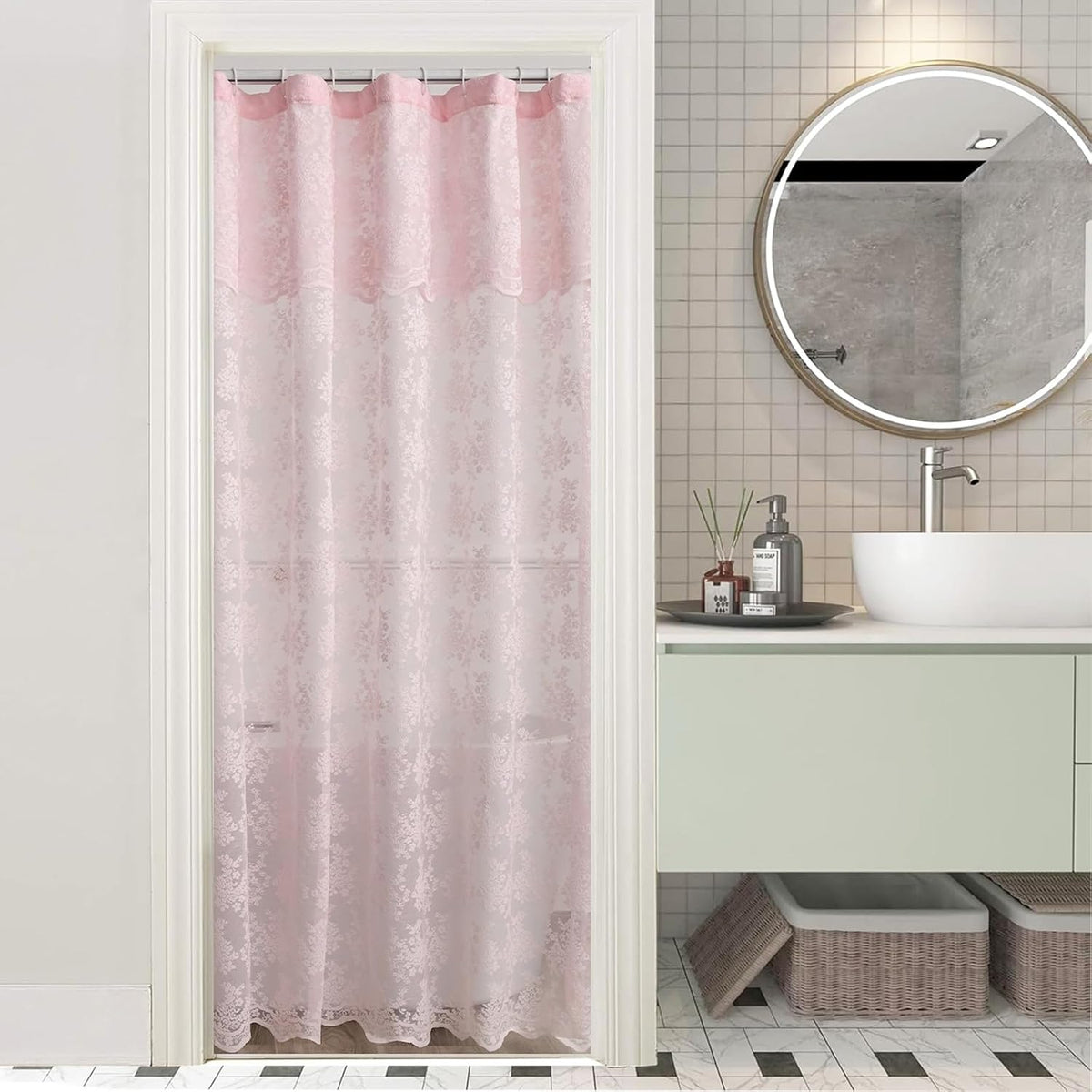 Pink Lace Shower Curtain 36x72, Cute Girly Half Size with Attached Valance