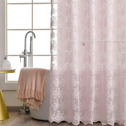 Pink Lace Shower Curtain 36x72, Cute Girly Half Size with Attached Valance
