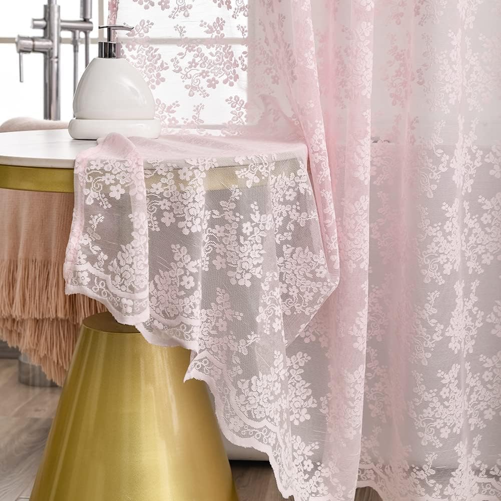 Pink Lace Shower Curtain 36x72, Cute Girly Half Size with Attached Valance