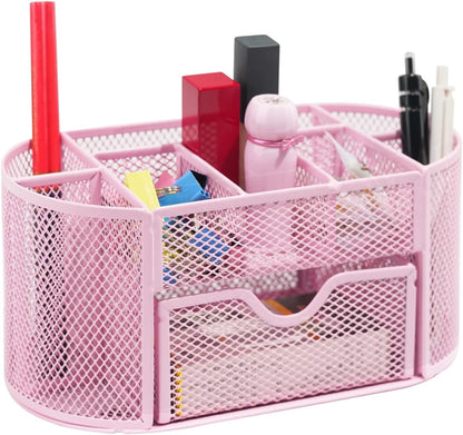 Desktop Organizer with Pencil Pen Holder and Accessories Offering 8 Compartments and 1 Drawer for Home, School and Office. (Cherry Blossom Pink)
