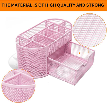 Desktop Organizer with Pencil Pen Holder and Accessories Offering 8 Compartments and 1 Drawer for Home, School and Office. (Cherry Blossom Pink)
