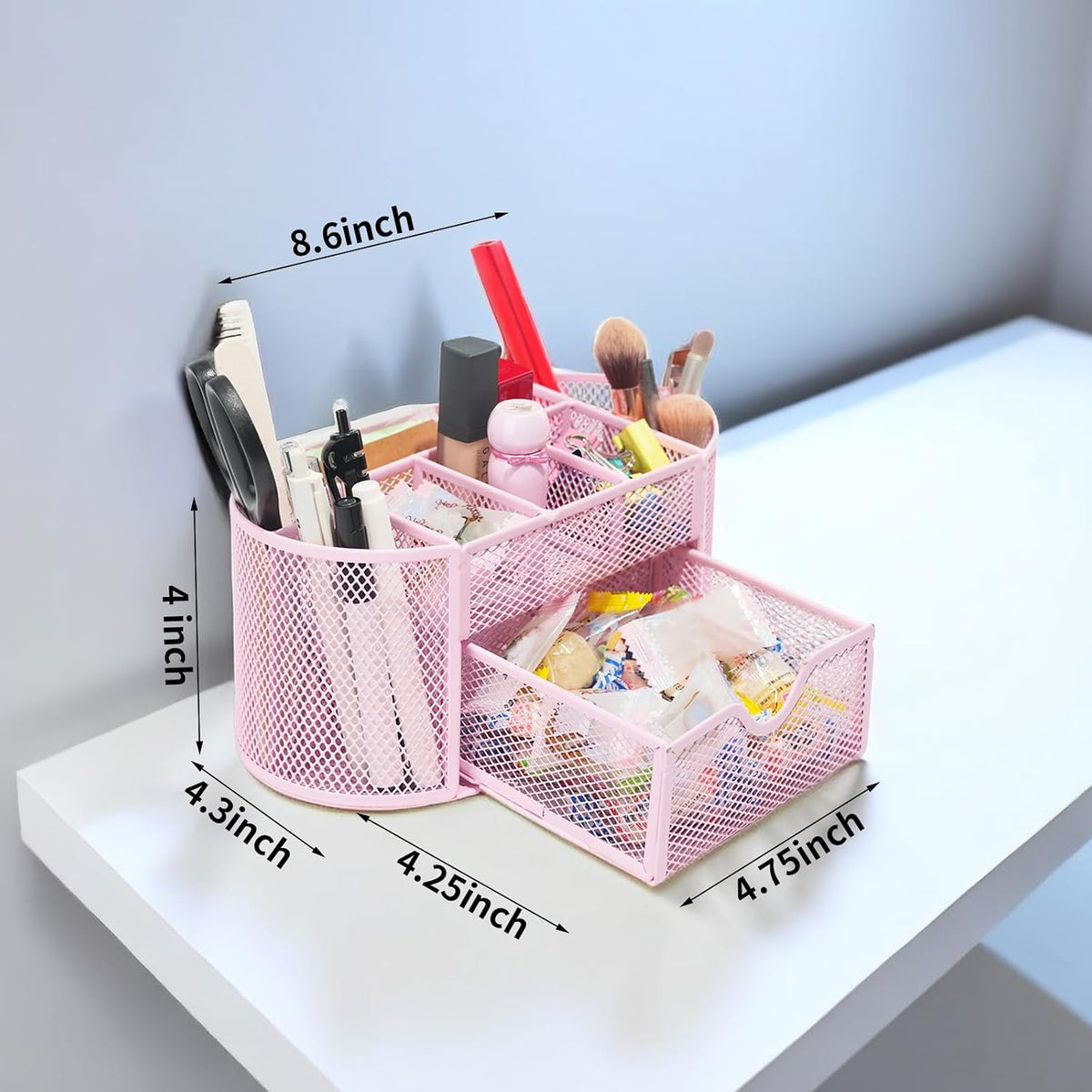Desktop Organizer with Pencil Pen Holder and Accessories Offering 8 Compartments and 1 Drawer for Home, School and Office. (Cherry Blossom Pink)