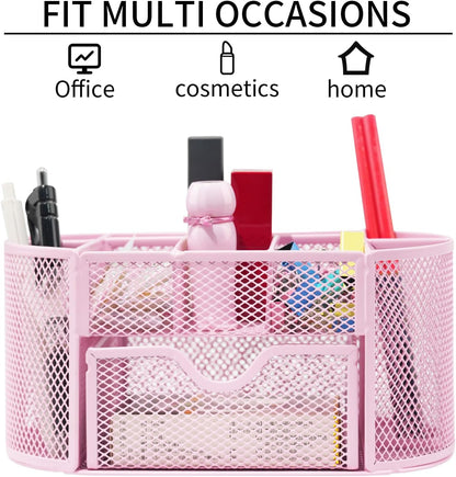 Desktop Organizer with Pencil Pen Holder and Accessories Offering 8 Compartments and 1 Drawer for Home, School and Office. (Cherry Blossom Pink)