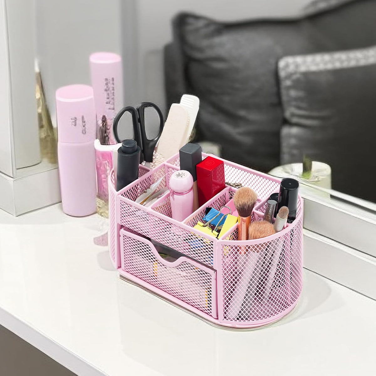 Desktop Organizer with Pencil Pen Holder and Accessories Offering 8 Compartments and 1 Drawer for Home, School and Office. (Cherry Blossom Pink)