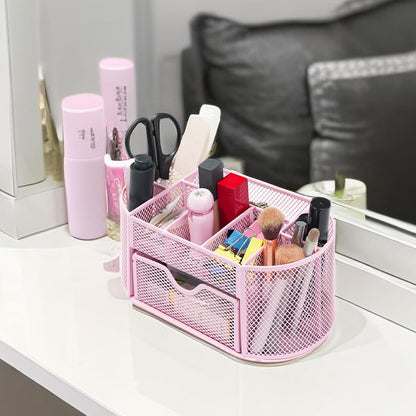 Desktop Organizer with Pencil Pen Holder and Accessories Offering 8 Compartments and 1 Drawer for Home, School and Office. (Cherry Blossom Pink)