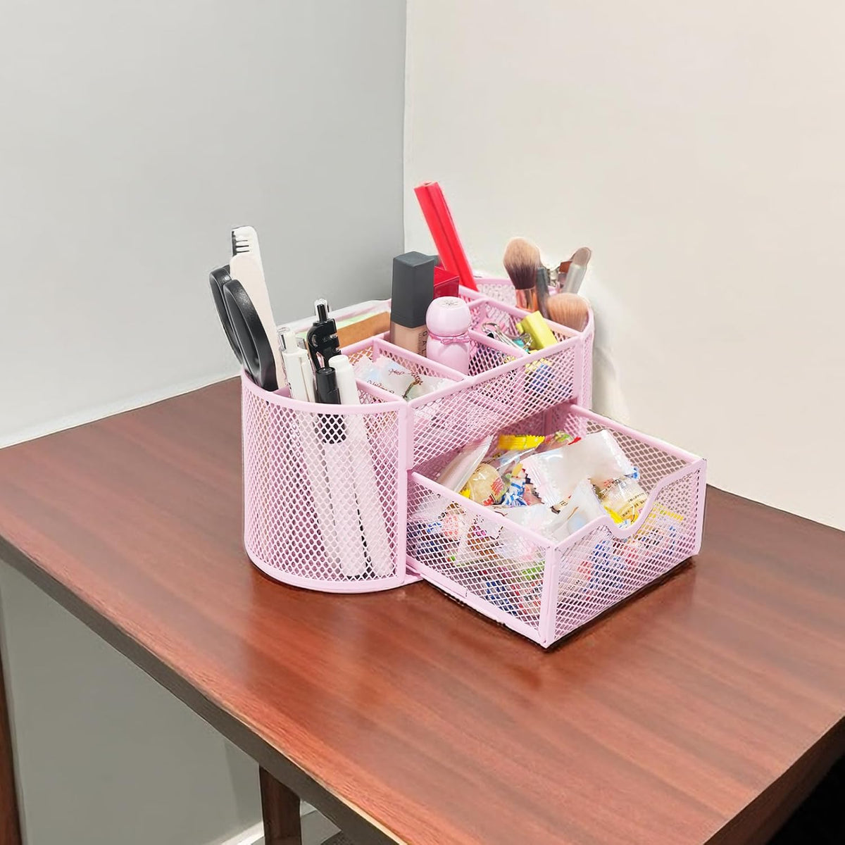 Desktop Organizer with Pencil Pen Holder and Accessories Offering 8 Compartments and 1 Drawer for Home, School and Office. (Cherry Blossom Pink)