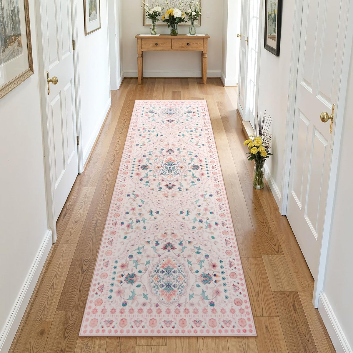 Pink Runner Rug for Hallway 2x6, Washable Runner Rug Non Slip, Soft Low Pile Floral Rug for Bedroom, Bedside and Entryway